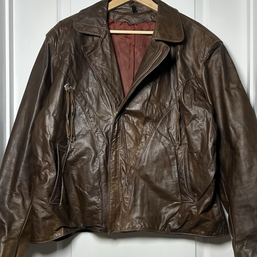 Lariat Leathers Vintage Genuine Leather Brown Concho Fringe Moto Biker Jacket